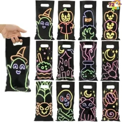 72pcs 12 Characters Neon Halloween Treat Bags