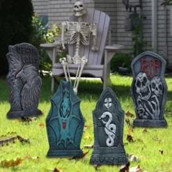 6pcs Halloween Tombstones With Bonus Stakes 17in -Spirit Halloween Shop 17 Tombstone With Snake Design Decorations 6 Pack 1 600x600 1