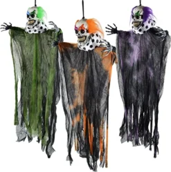 3pcs Hanging Clown Halloween Decoration 21.75in -Spirit Halloween Shop 21.75 Spooky Hanging Clown 3 Pack 4 600x604 1