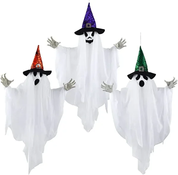 3pcs Halloween Hanging White Ghost With Hats 24.8in 4 3pcs Halloween Hanging White Ghost With Hats 24.8in - Image 2