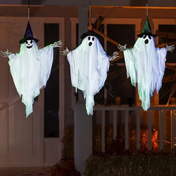 3pcs Halloween Hanging White Ghost With Hats 24.8in 3 3pcs Halloween Hanging White Ghost With Hats 24.8in