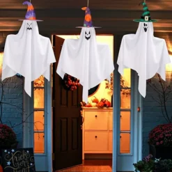 3pcs Halloween Hanging Ghost Decoration 27.5in -Spirit Halloween Shop 27.5 Hanging Ghost with Witch Hat 3 Pack 1 600x600 1