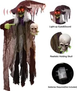 Animated Hanging Halloween Witch Decorations 85in -Spirit Halloween Shop 85 Animated Witch Holding a Skull 3 600x710 1