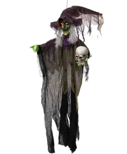 Animated Hanging Halloween Witch Decorations 85in -Spirit Halloween Shop 85 Animated Witch Holding a Skull 4 600x730 1