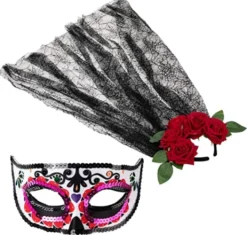Day Of The Dead 4 - Headband With Rose And Veil, Masquerade Eye Mask