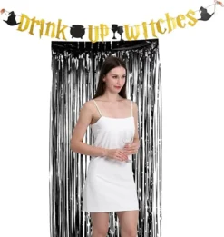 Halloween Black Foil Fringe Curtain With Gold Banner -Spirit Halloween Shop Drink Up Witches Banner and Black Fringe Curtain Decoration 2 Pcs 4 600x634 1