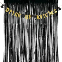 Halloween Black Foil Fringe Curtain With Gold Banner