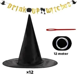 12pcs Halloween Black Witch Hats 11 12pcs Halloween Black Witch Hats -Spirit Halloween Shop Drink Up Witches Banner and Witch Hats 13 Pcs 7 600x575 1