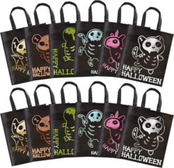 12Pcs Halloween Tote Bags With Shining Skeleton Designs
