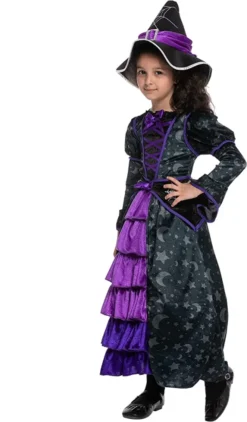 Girls Purple Witch Stars And Moon Halloween Costume -Spirit Halloween Shop Purple Witch Costume with Stars and Moon Skirt Design Child 2 600x1024 1