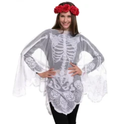 Skeleton Poncho & Red Flower Elastic Headband - Adult