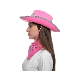 Womens Halloween Pink Felt Cowboy Hat With 3 Bandanas -Spirit Halloween Shop Womens Halloween Pink Felt Cowboy Hat with 3 Bandanas 3 result scaled 600x600 1